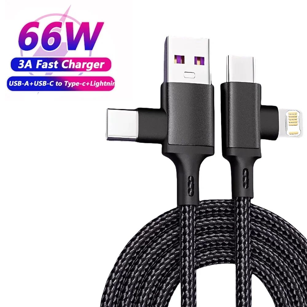PD 2In1 Quick Charging Cable 6A Nylon Braided Data Sync USB A Type C To Lightning Tangle-Free For Ta