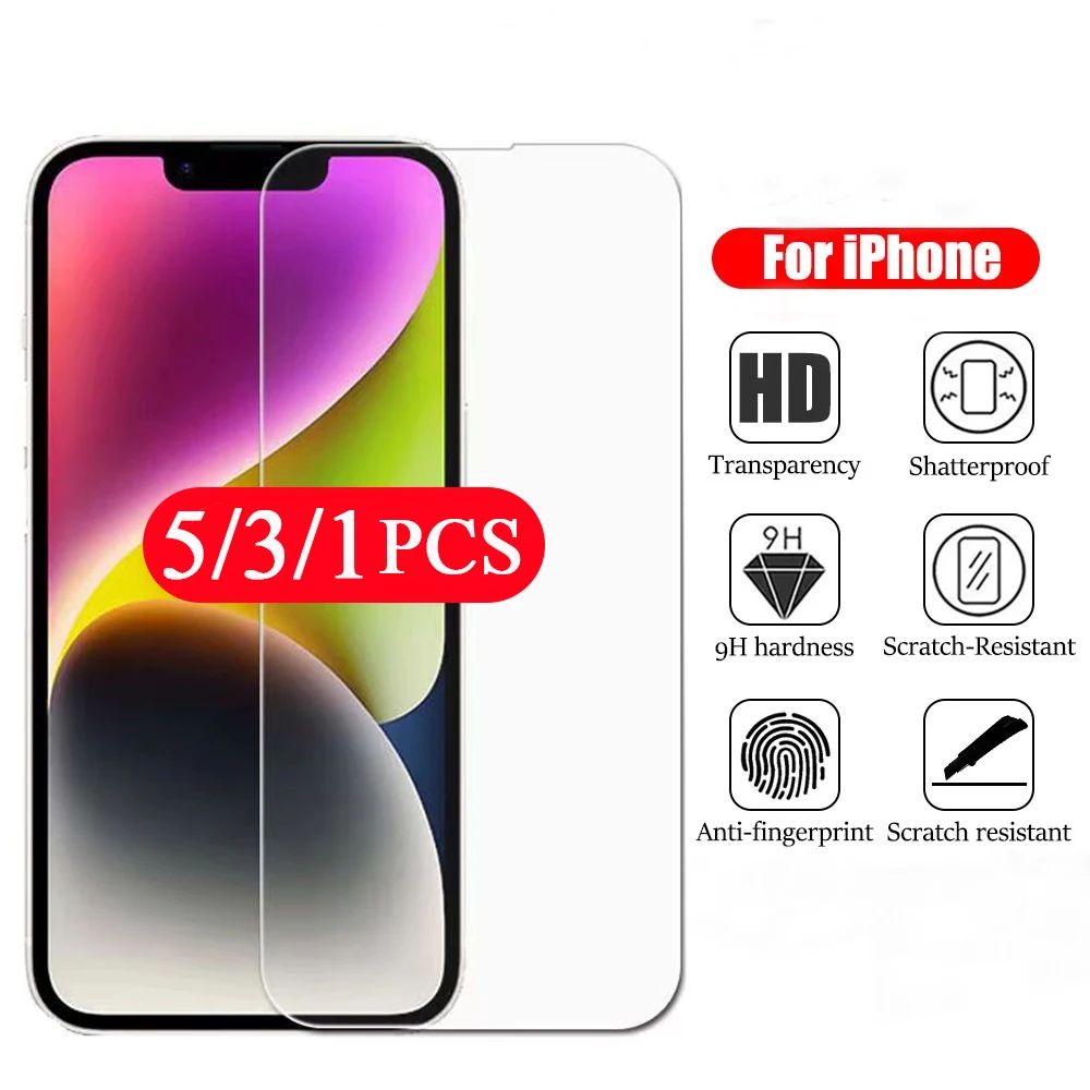 5/3/1Pcs Tempered Glass for iphone 14 13 Pro 12 Mini 11 Xr XS Max X SE 7 8 Plus Screen Protector Pro