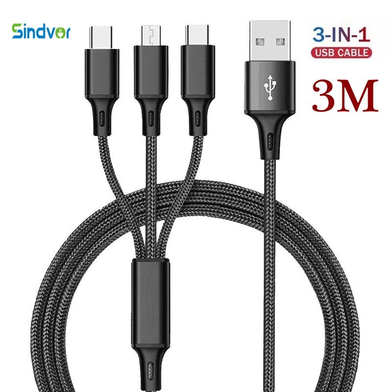 3In1 Charging Cable USB Type C Charger Cord 1.2M/2M/3M Multi