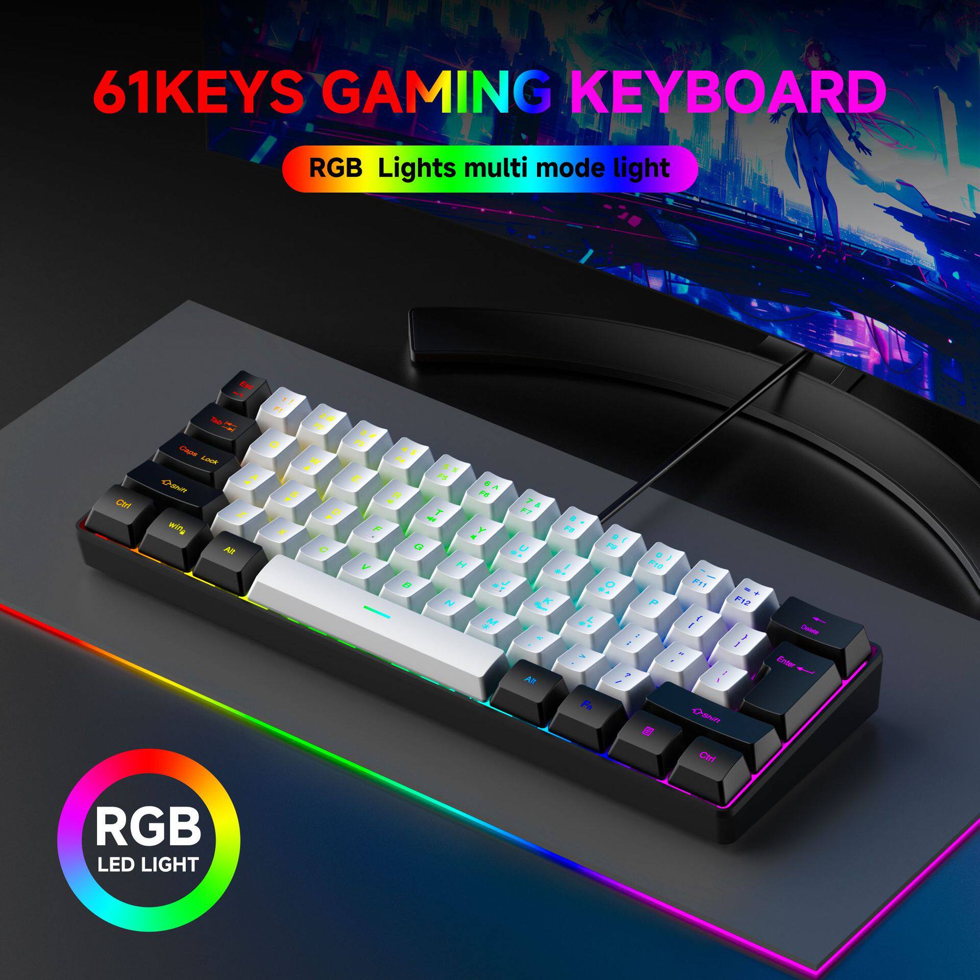 61 Key Rgb Game Wired Keyboard Mouse Set Colorful Mini Non-m