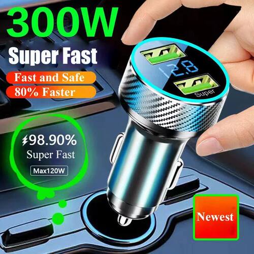 2In1 USB Car Charger Adapter 300W Super Quick Charge with Voltage Monitor for iPhone Samsung iPad Hu