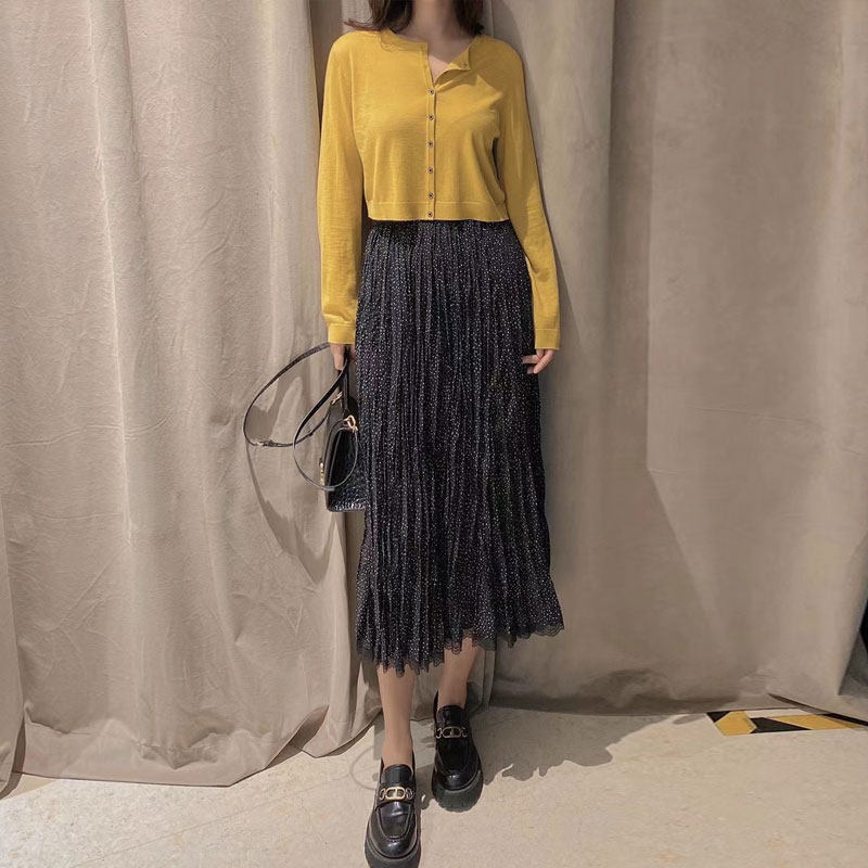 年阿玛施新特2021春新款高腰百搭女装波点A字长袖雪纺半身裙