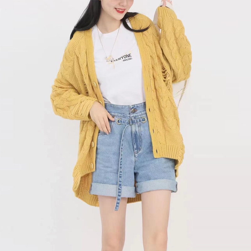 年阿玛施新特官网2021秋季新款宽松女装破洞提花中长针织开衫外套