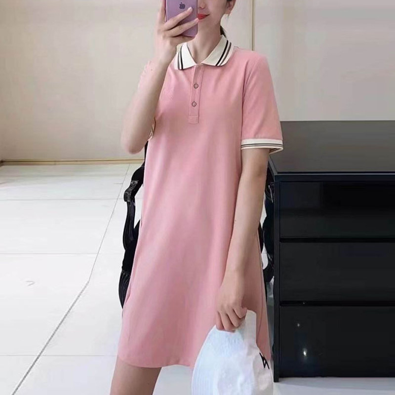 年阿玛施新特官网2021夏季新款直筒百搭女装简约POLO领短袖连衣裙