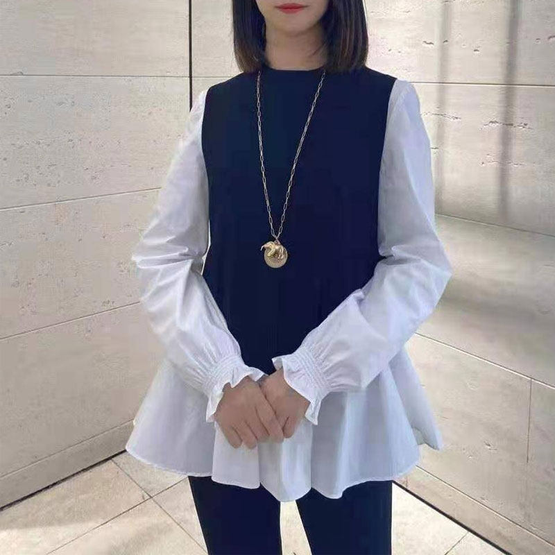 年阿玛施新特官网2021秋新款百搭女装圆领时尚衬衫针织背心两件套