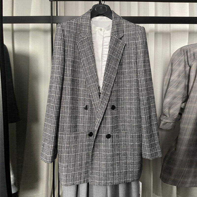 年阿玛施新特官网2021秋季新款中长款百搭女装格子毛呢西装外套