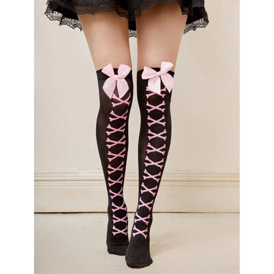 Black Over-the-Knee Socks with Pink Bone Pattern and Bow Det