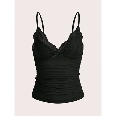 Sexy Contrast Lace Bow Front Crop Cami Top Women Summer Grun