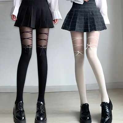 Women Lolita Bowknot Fake Straps White Tights Solid Black Ny