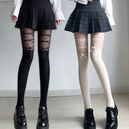 Women Lolita Bowknot Fake Straps White Tights Solid Black Ny