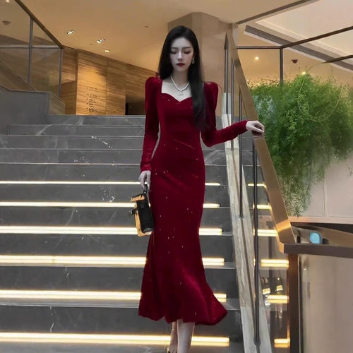 French Christmas Wear High-grade Retro Over-knee Hip Dress S
