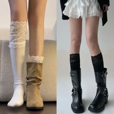 Solid Color Sexy Lace High Stockings Black White lower leg S