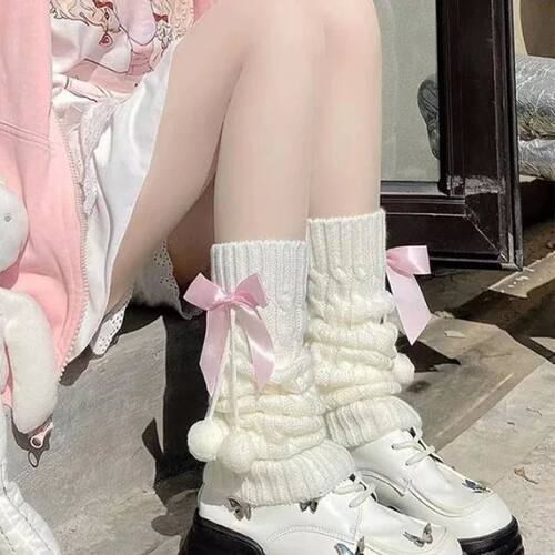 Women Knit Leg Warmers Winter Cute Knee High Socks with Bow
