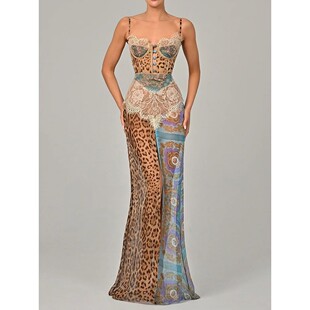 Leopard Maxi Gown Elegant Sexy Women Split Lace Print Dress