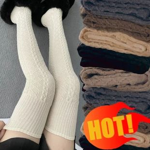 Women Long Socks Winter Girl Solid Color Warm Wool Thigh Sto