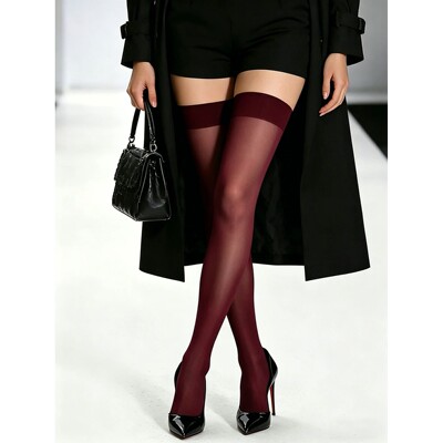 1/3/5 Pairs Women Burgundy Sheer Thigh High Stockings Stretc