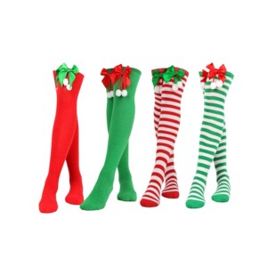 Pair Christmas bow socks tied over knee the ball