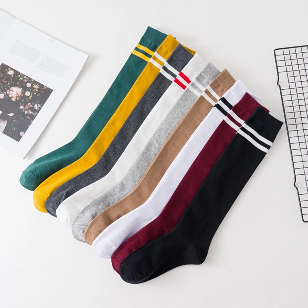 Long Knee High Socks Stockings Women Solid Colors Striped Ca
