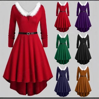 Women's Christmas Maomao Stitching V-neck Long Sleeve Dress
