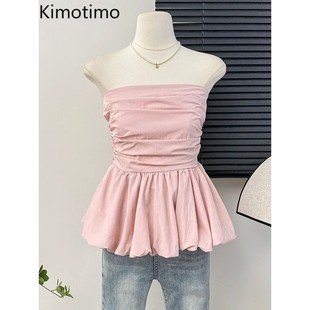 French Shoulder One Tube Pleated Top Slim Sexy Waist Women