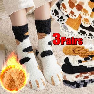 Women Socks Winter Warm Fluffy Socks Cute Animal Claw Cat Pa