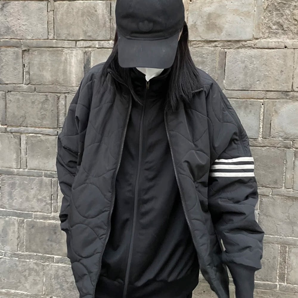 阿迪达斯三叶草男子外套条纹拼色标识拉链保暖立领棉服 HR8696