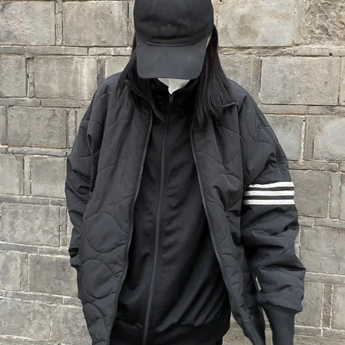 阿迪达斯三叶草男子外套条纹拼色标识拉链保暖立领棉服 HR8696