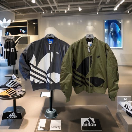 阿迪达斯外套男女三叶草大LOGO宽松运动休闲立领薄棉服夹克JL8380