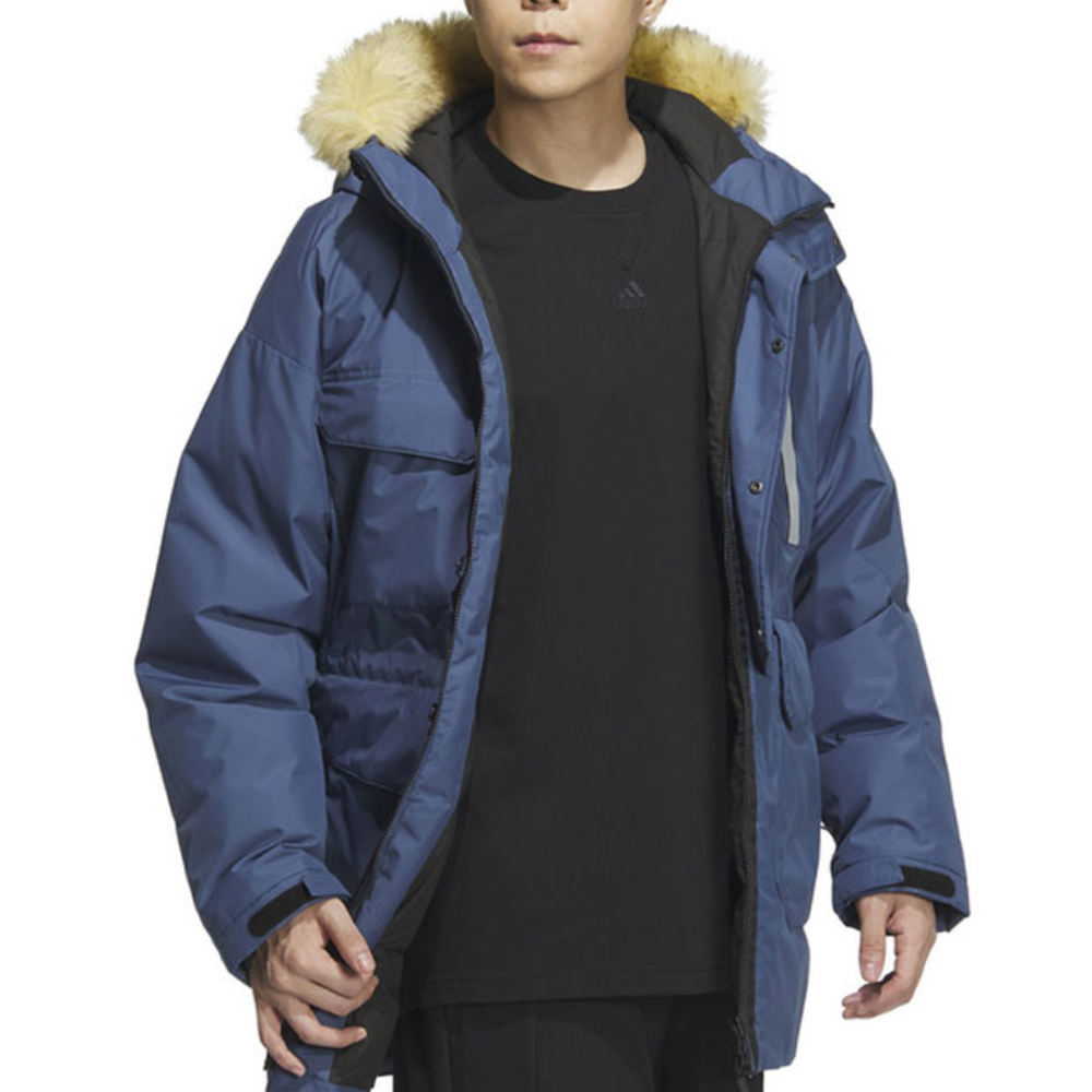 Adidas阿迪达斯男子运动保暖毛领中长款派克服连帽羽绒服 IS0367