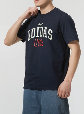 Adidas阿迪达斯男夏季美式复古半袖篮球运动藏青短袖T恤 IN6477