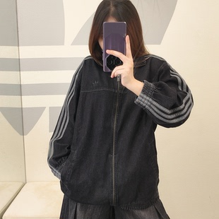 阿迪达斯三叶草oversized牛仔夹克女子运动休闲立领外套 JY2897