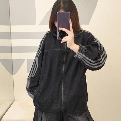 阿迪达斯三叶草oversized牛仔夹克女子运动休闲立领外套 JY2897