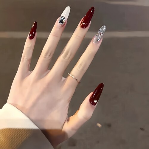 绝美~爆闪酒红手工穿戴美甲