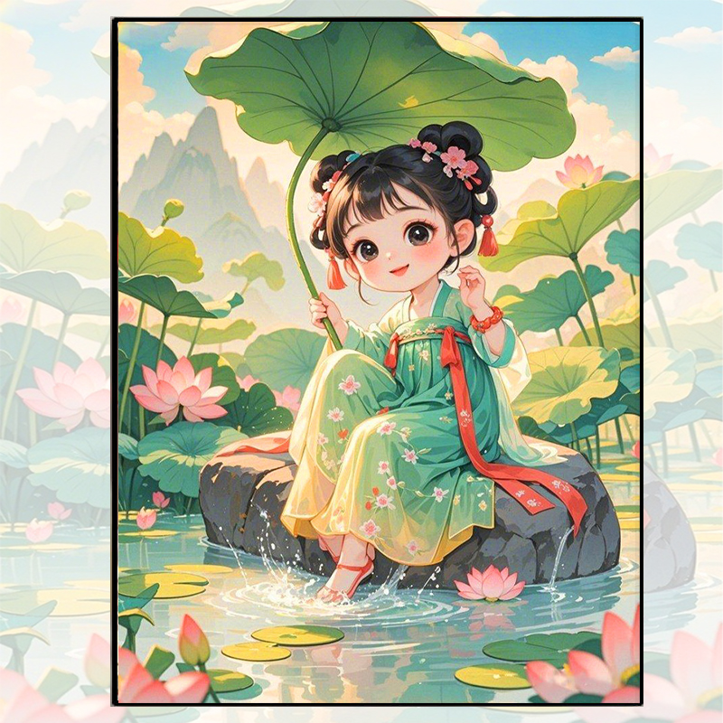 夏日荷花塘十字绣国潮女孩手工
