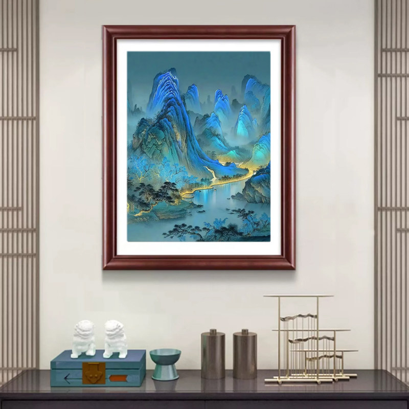 十字绣2025新款线绣竖版客厅玄关高级感山水画千里江山图夜景满绣