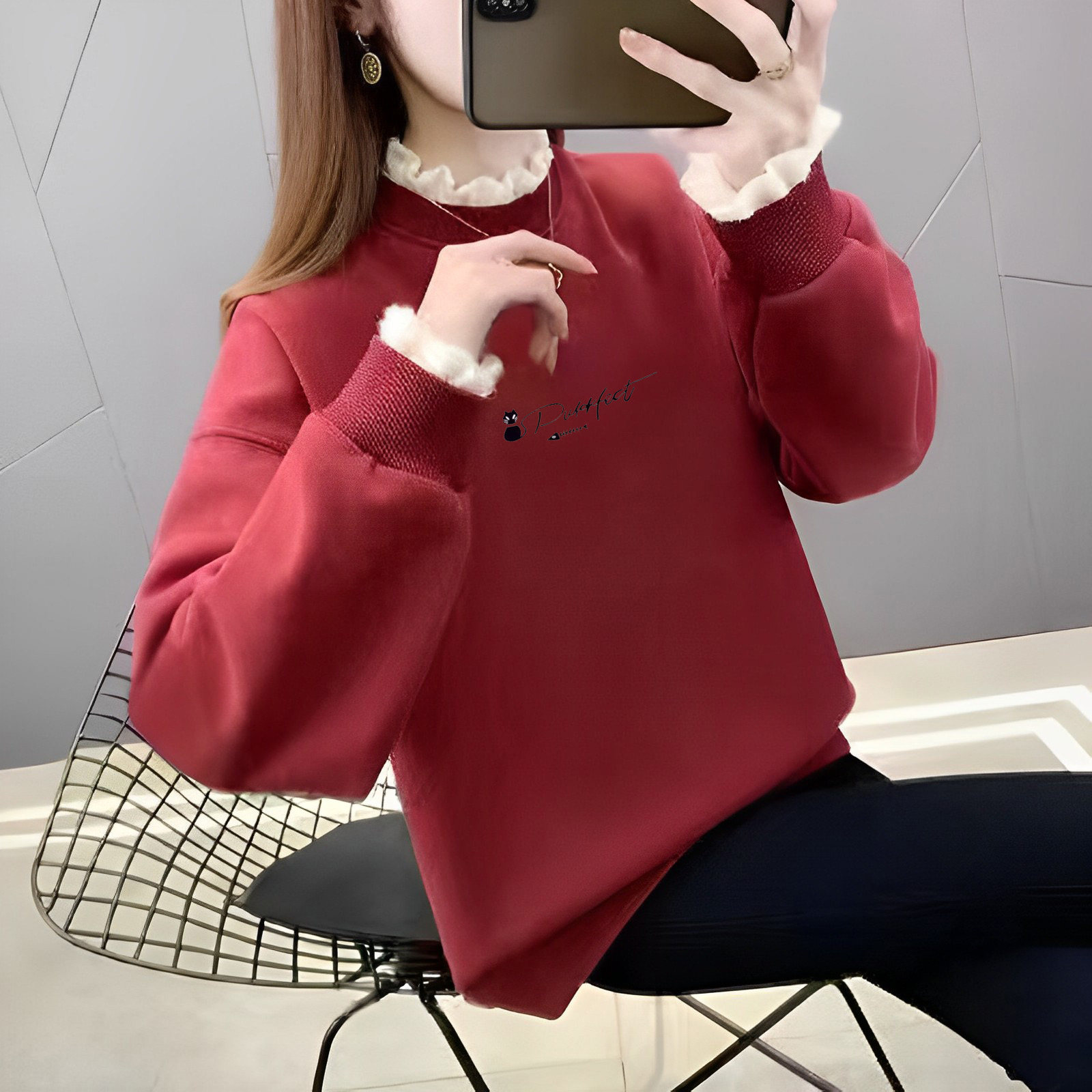 半高领加绒加厚宽松卫衣女