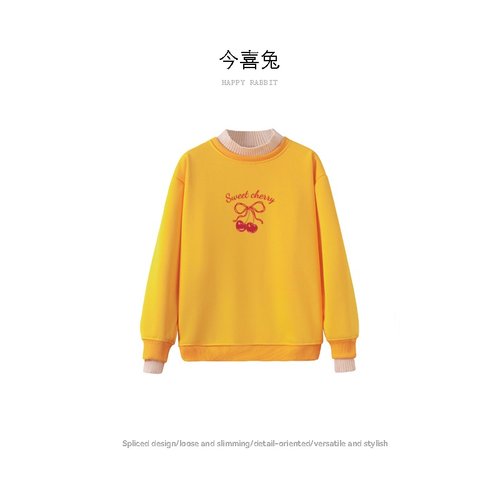 蝴蝶结樱桃印花假两件卫衣女冬加绒加厚爆款时尚洋气宽松上衣外套