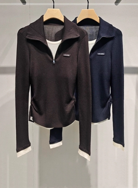 现货艾诺丝2025冬季新款女装字母刺绣修身翻领假两件针织AR804115