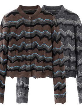 现货江南同款2025冬季新款波浪撞色短款圆领针织衫开衫 5PA312630