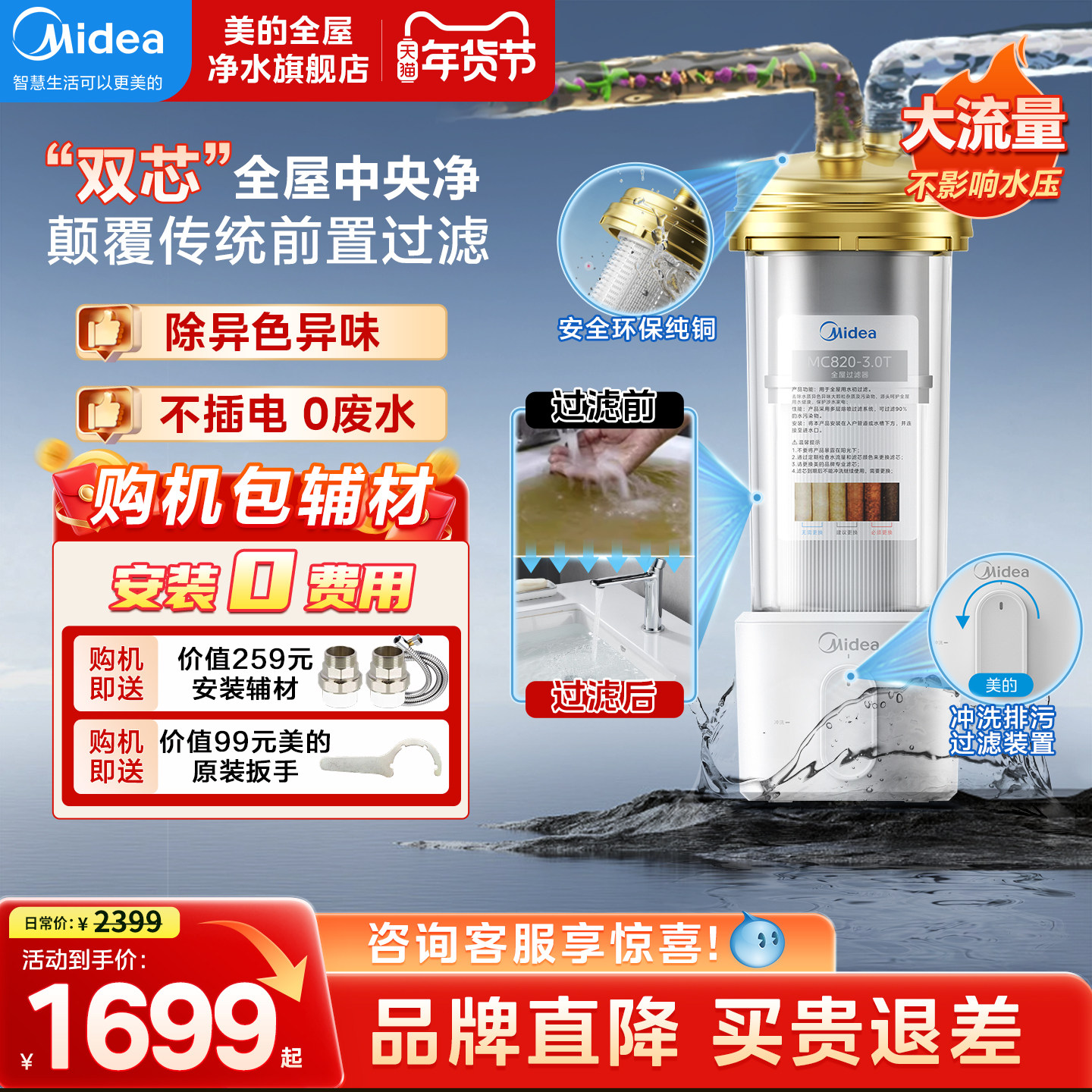 美的全屋中央净水器家用自来水大白瓶大型前置过滤器大流量反冲洗