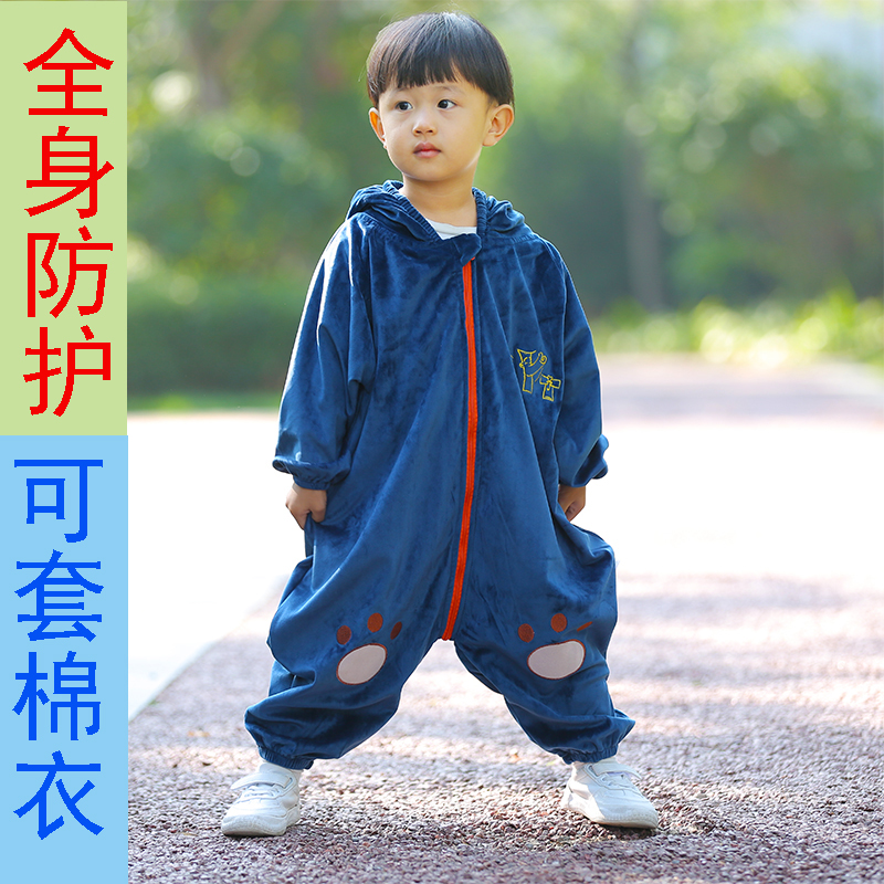 婴儿连体罩衣宝宝卡通全身防脏爬服秋冬护衣拉链闭档带帽棉衣外套