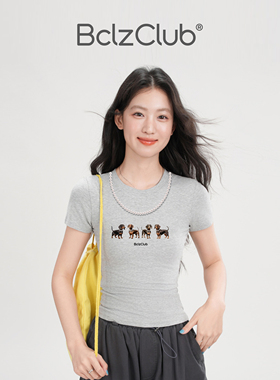 Bclz正肩短袖修身腊肠小狗珍珠项链显瘦法式小资夏日松弛感t恤