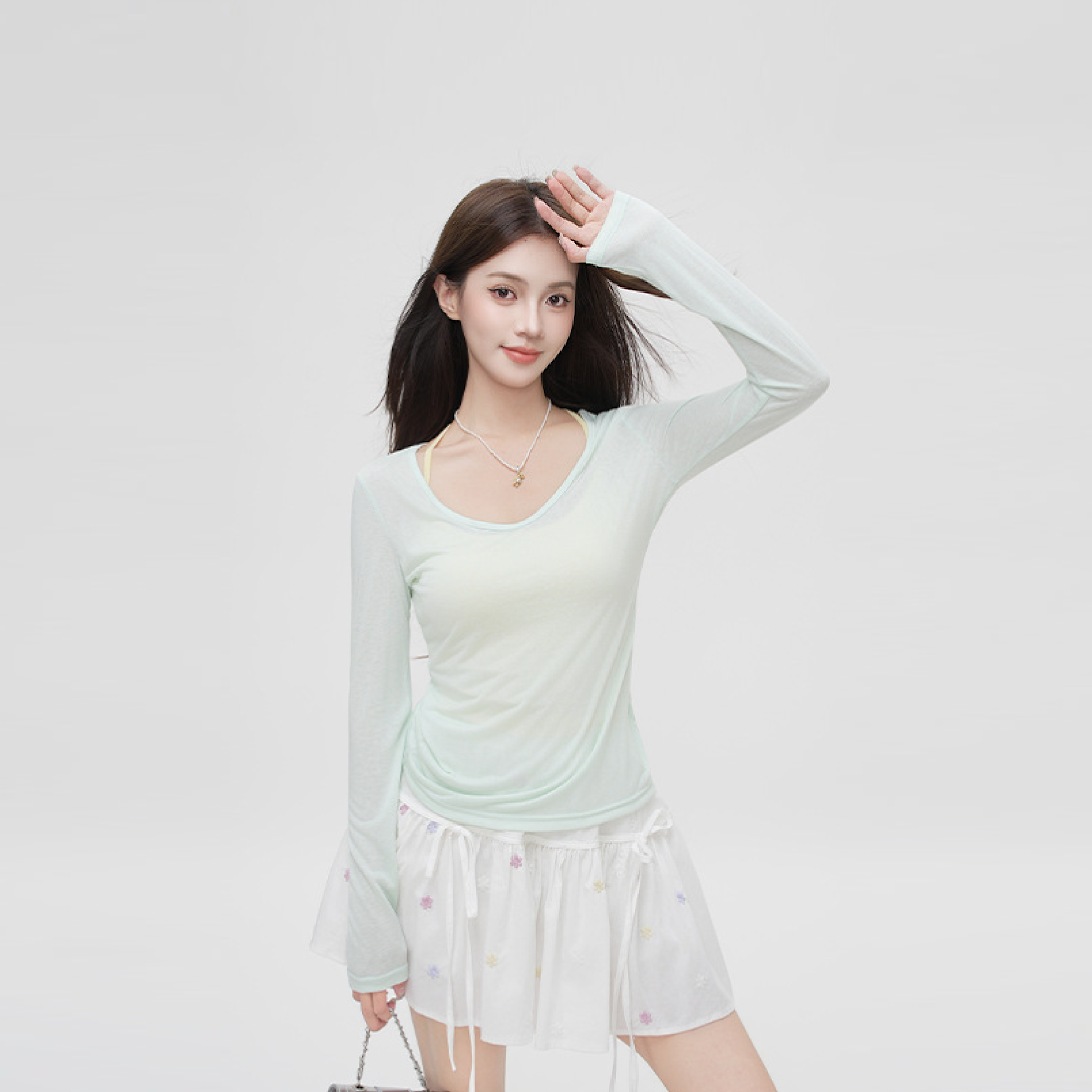 Bclz薄荷绿薄款冰丝针织防晒长袖T恤女2025年新款设计感罩衫上衣