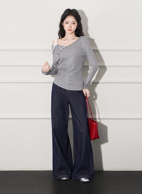 Bclz斜肩蕾丝拼接设计感修身长袖宽松上衣女露肩性感针织辣妹