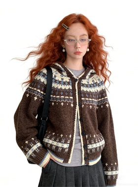 Bclz费尔岛撞色复古提花连帽针织毛衣开衫女26春夏新品慵懒风加厚