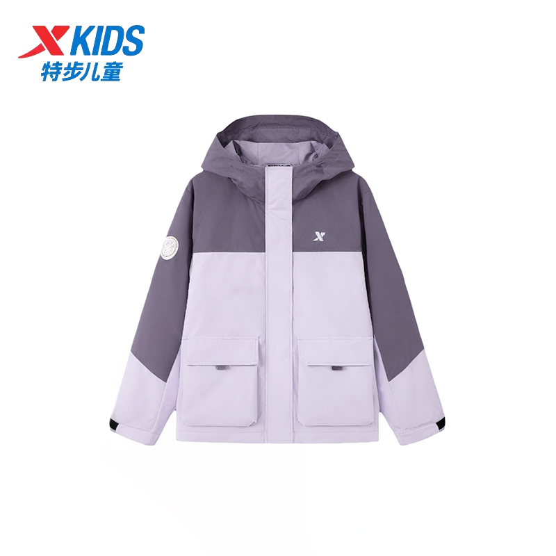 特步儿童女大童2025冬新款防雨雪连帽羽绒服拼色外套675424194284