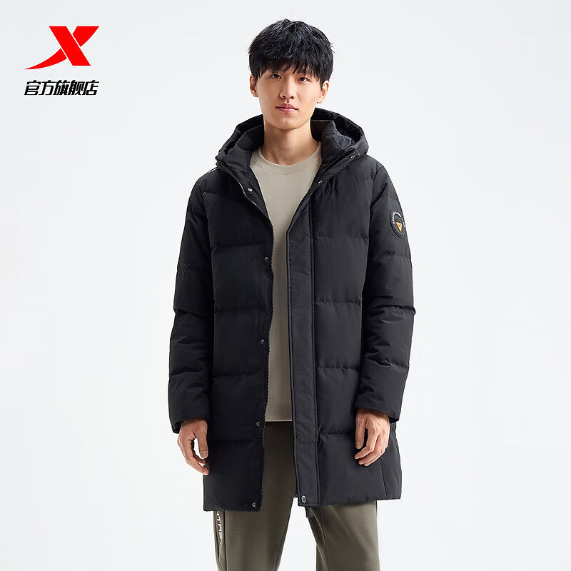 特步中长款羽绒服男款冬季新款保暖防寒男士棉服运动鸭绒服外套