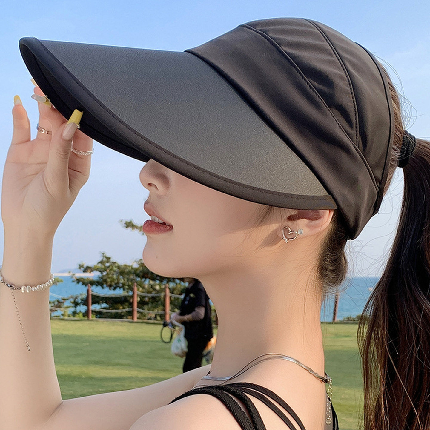 半空顶帽子女款冰丝透气凉感遮阳大帽檐遮脸显脸小防晒太阳帽时尚