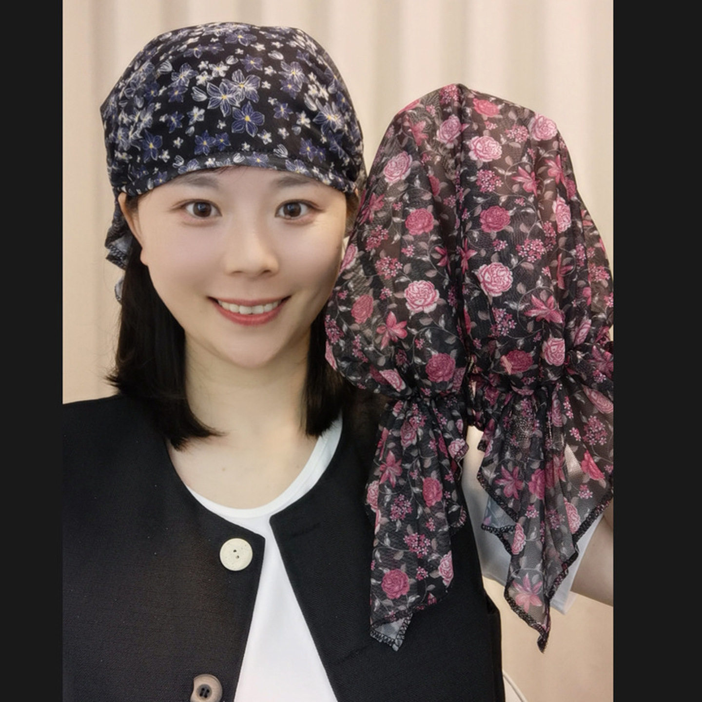 头巾女高级感洋气时尚加大版长飘带包头帽碎花帽子妈妈帽夏薄网纱