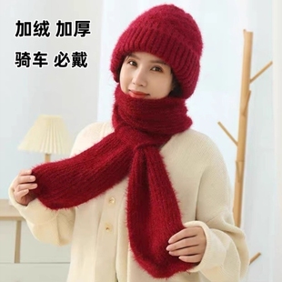 东北帽子围巾一体加绒加厚女冬季毛线编织风雪帽松鼠绒保暖网红帽